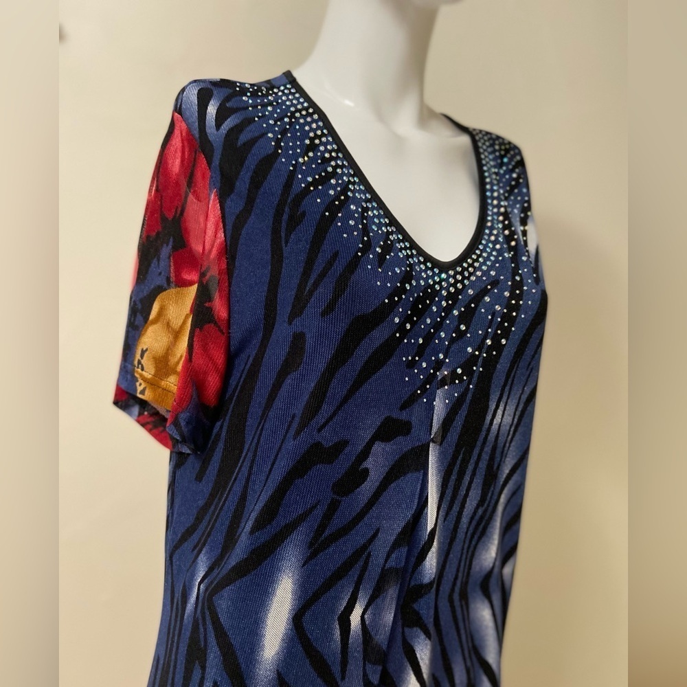 Serengeti~Sparkling Jungle Flower Maxi Tunic Dress~Crystal V-Neckline~Size XL
